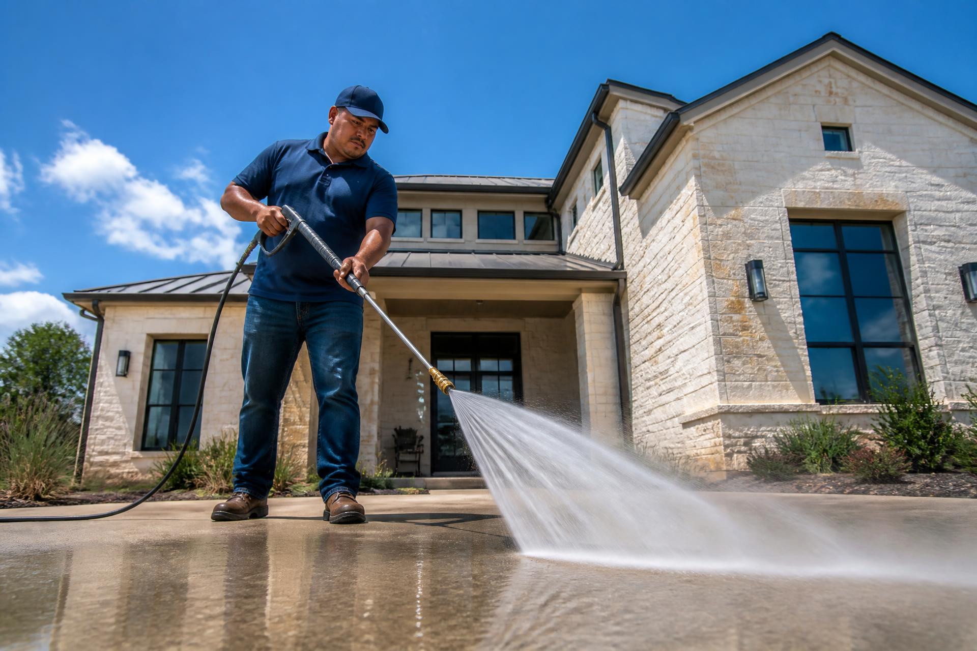 Technician pressure washing a driveway in front of a San Antonio limestone home